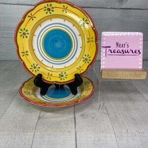 Culinary Arts PETIT JARDIN Yellow Blue Flower Scallop Ceramic Salad Plate Set 2